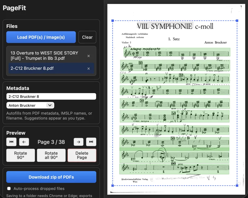 Pagefit: a scanned Bruckner Eighth Symphony violin part with each detected staff highlighted in green and a crop box drawn around the page.